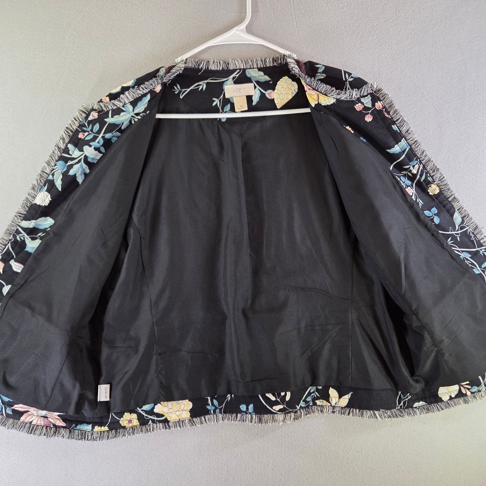 Loft Black Floral Fringe Open Front Jacket 14 Botanical Tapestry Boho Artsy - Picture 4 of 6